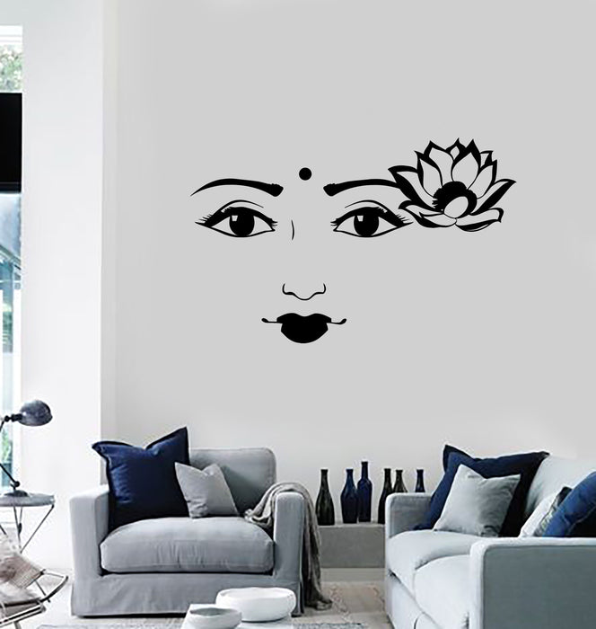 Vinyl Wall Decal Beautiful Indian Woman Face Girl Lotus Flower Decor Stickers Mural (ig5665)