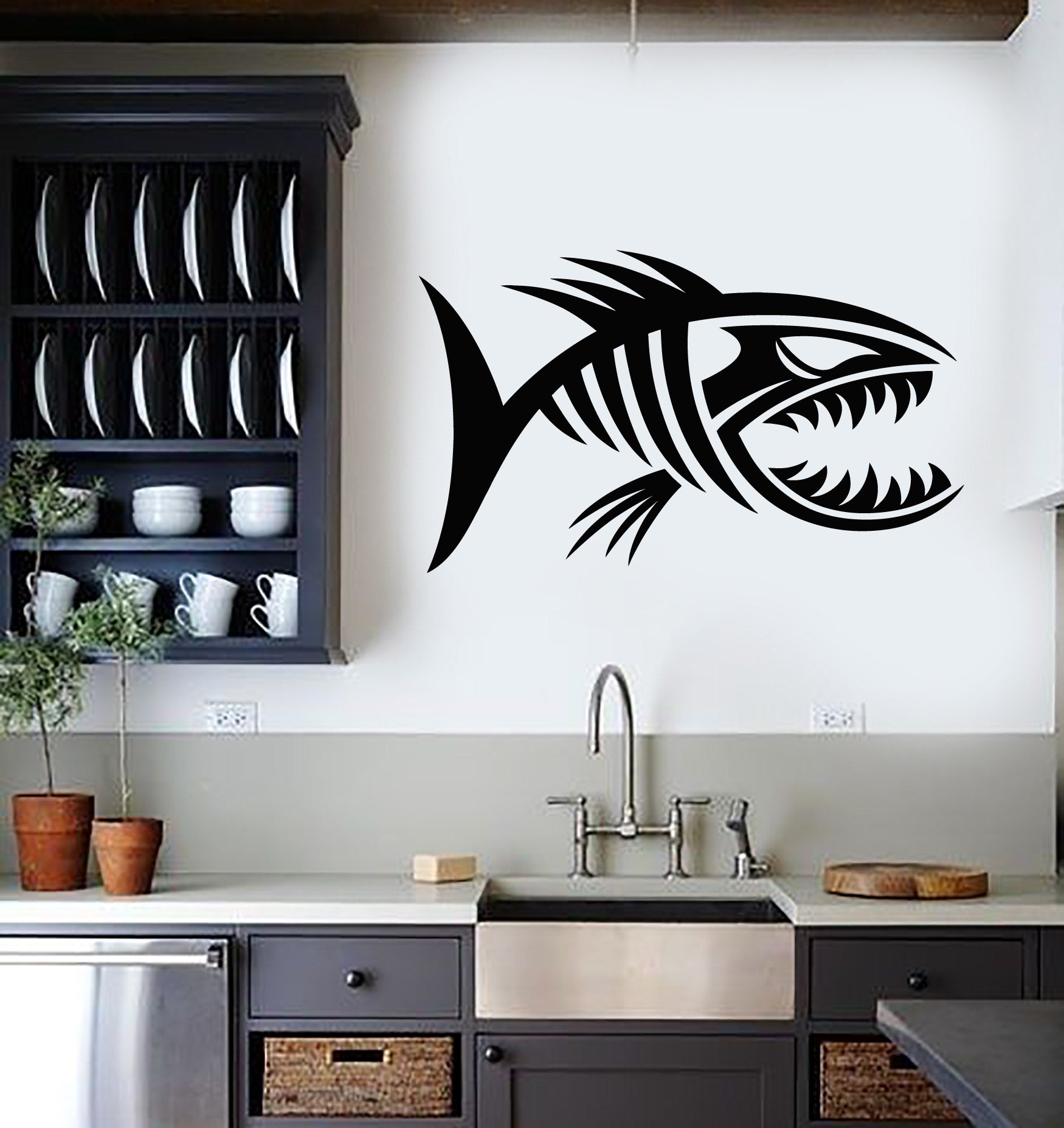 Vinyl Wall Decal Marine Ocean Sea Art Horror Fish Bones Skull Stickers ...