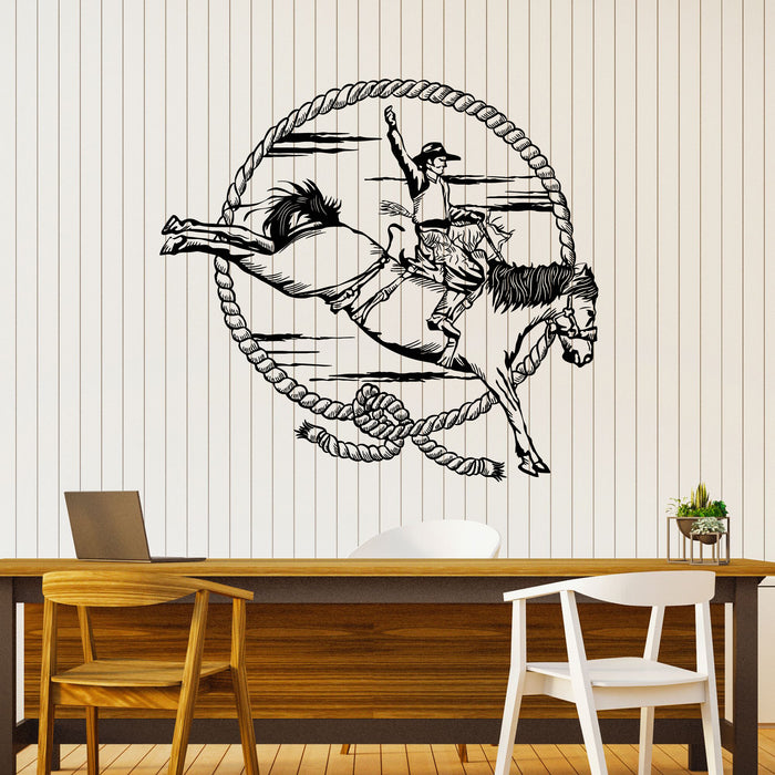 Vinyl Wall Decal Rodeo Man Riding Horse Western Movie Circle Stickers Mural (g8198)