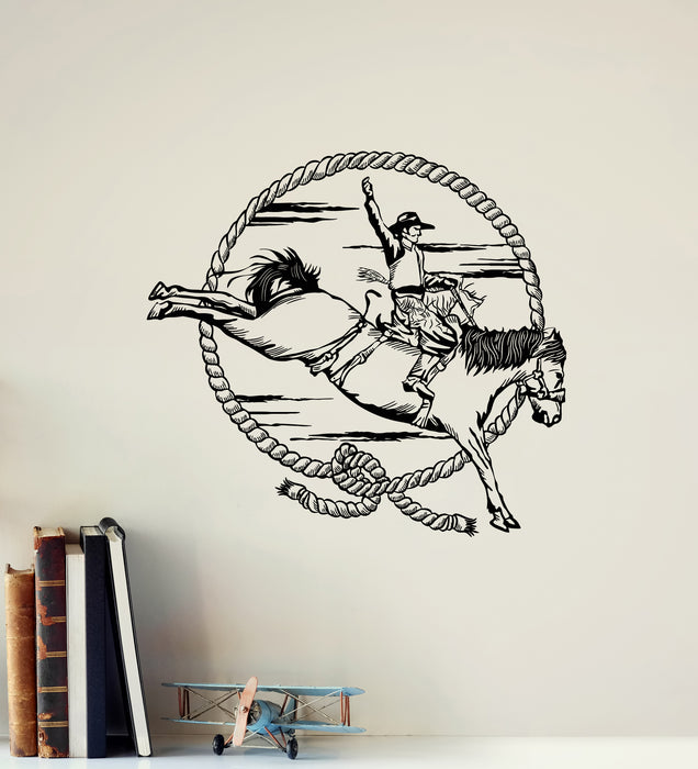 Vinyl Wall Decal Rodeo Man Riding Horse Western Movie Circle Stickers Mural (g8198)