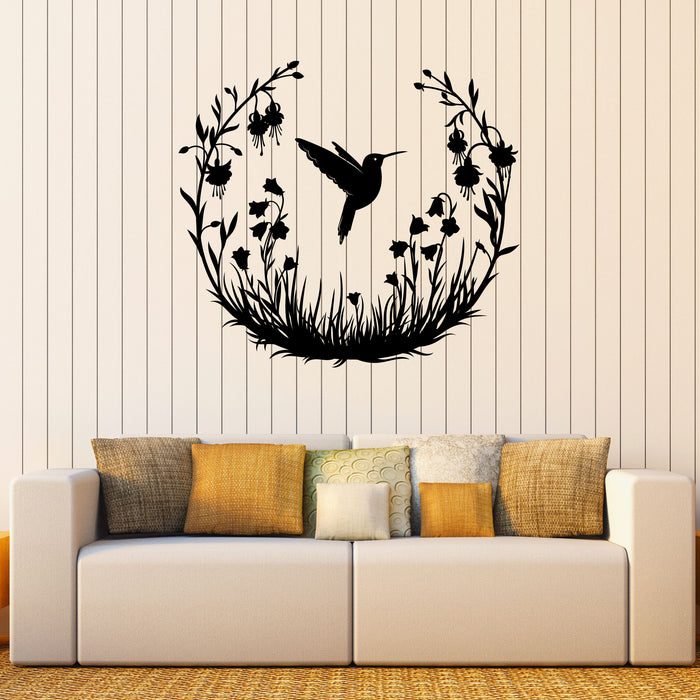 Hummingbird with Flowers Vinyl Wall Decal Nature Flying Bird Circle Stickers Mural (k023)