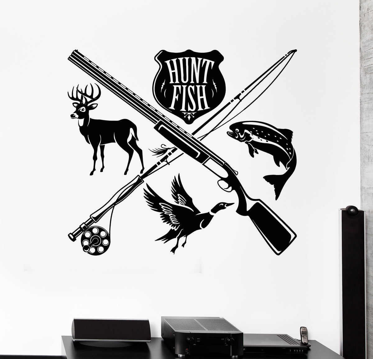 Vinyl Wall Decal Hunter Hunting Fishing Hobby Rod Gun Stickers