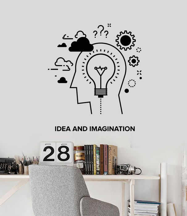 Vinyl Wall Decal Words Idea And Imagination Science Lab Gears Lamp Stickers Mural (g1844)