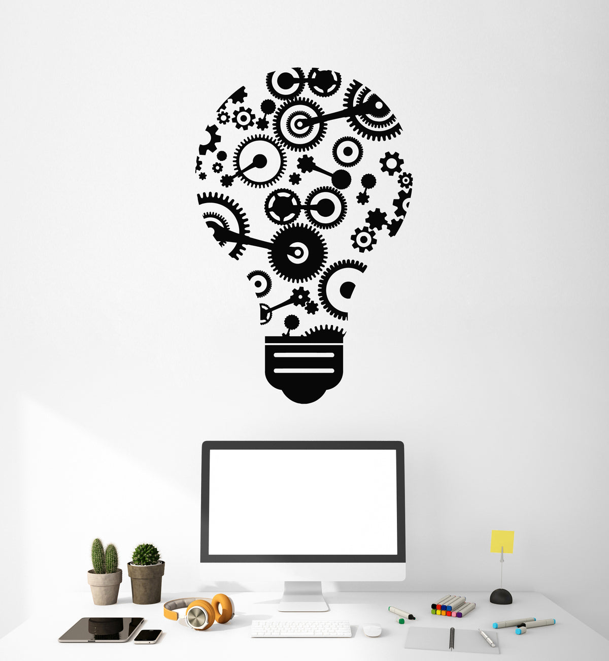 Vinyl Wall Decal Light Bulb Gears Idea Teamwork Office Space Decor Sti ...