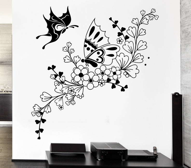 Vinyl Decal Beautiful Butterfly Flower Ornament Wall Sticker Plant Pattern Decor for Living Room Unique Gift (ig2462)