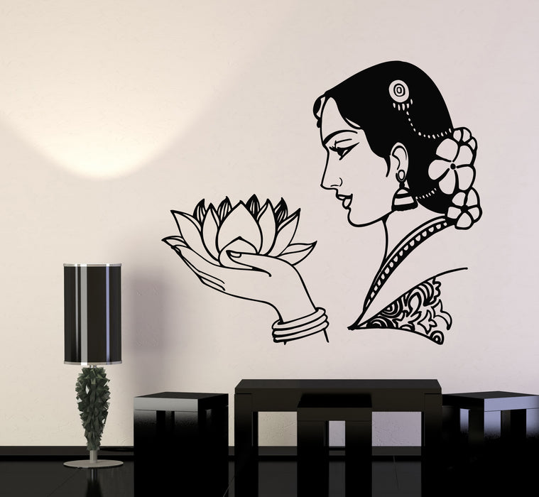 Vinyl Wall Decal India Woman Face Lotus Flower Hinduism Stickers Mural (g3009)