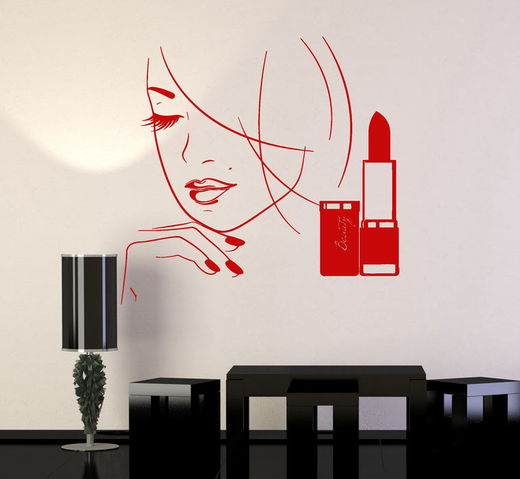 Виниловая наклейка на стену Салон красоты Красивая женщина Помада Наклейки Фрески Уникальный подарок (ig4730)