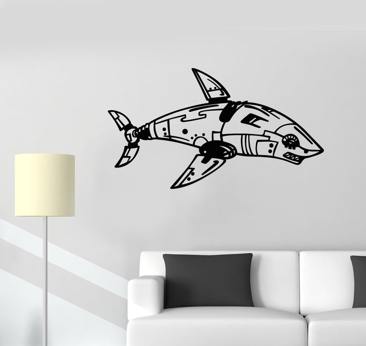 Vinyl Wall Decal Iron Steampunk Shark Dangerous Cyber Robot Stickers Mural (g1837)