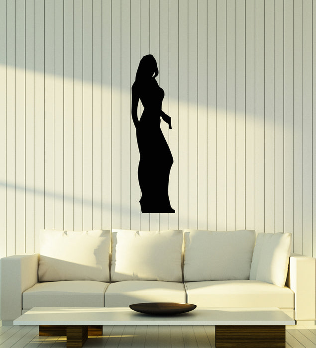 Vinyl Wall Decal Woman with Gun Agent James Bond Silhouette Spy Girl Stickers Mural (ig6004)