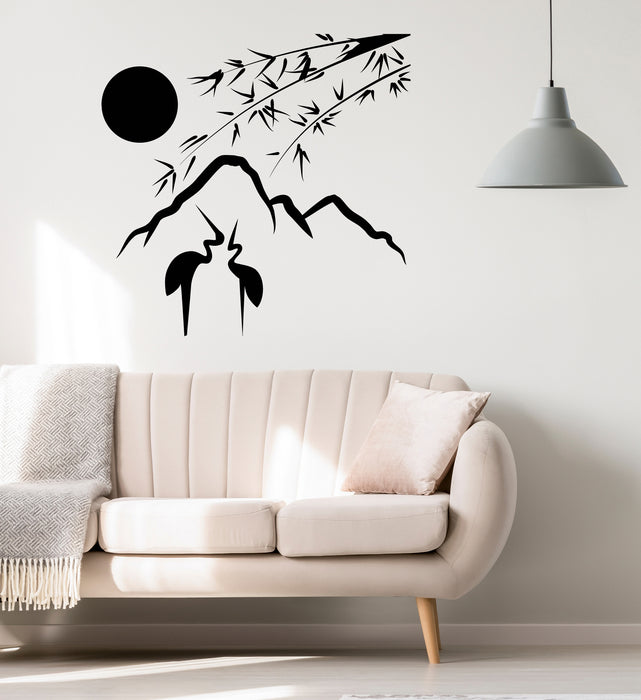 Japanese Landscape Vinyl Wall Decal Stork Mountains Moon Branch Stickers Mural (k109)