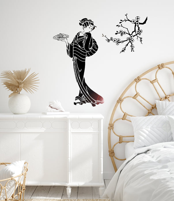 Vinyl Wall Decal Geisha with Sushi Sakura Asian Food Stickers Unique Gift (ig4490)