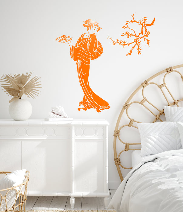 Vinyl Wall Decal Geisha with Sushi Sakura Asian Food Stickers Unique Gift (ig4490)