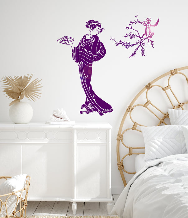 Vinyl Wall Decal Geisha with Sushi Sakura Asian Food Stickers Unique Gift (ig4490)