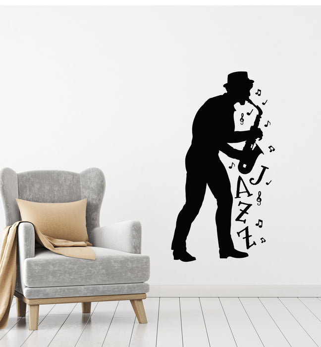 Vinyl Wall Decal Saxophonist Jazz Musical Instrument Notes Stickers Mural (g3680)