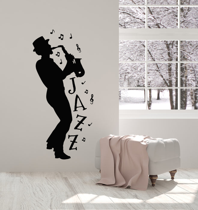 Vinyl Wall Decal Saxophonist Jazz Blues Bar Musical Notes Stickers Mural (g3681)