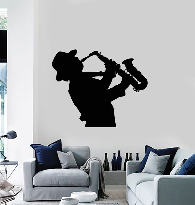 Vinyl Wall Decal Jazz Music Bar Playing Saxophonist Musician Instrument Stickers Mural (g6143)