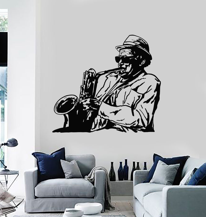 Vinyl Wall Decal Jazz Bar Playing Saxophonist Musician Instrument Music Stickers Mural (g2898)