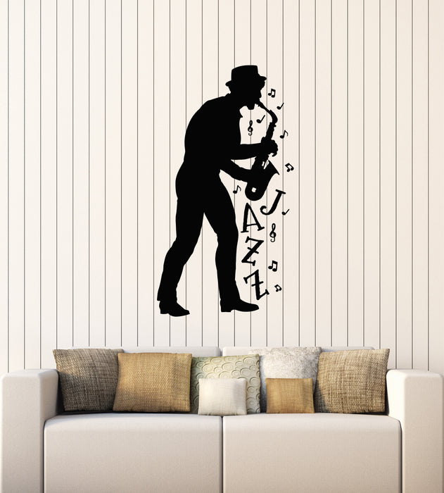 Vinyl Wall Decal Saxophonist Jazz Musical Instrument Notes Stickers Mural (g3680)