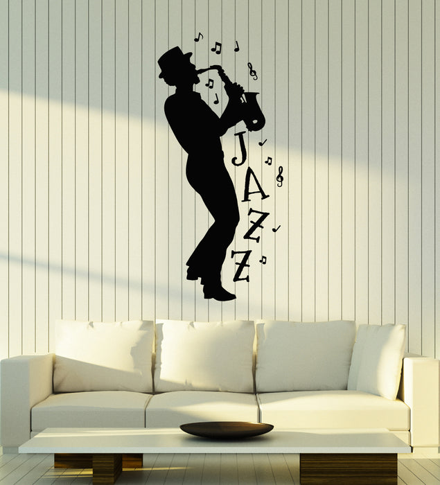 Vinyl Wall Decal Saxophonist Jazz Blues Bar Musical Notes Stickers Mural (g3681)