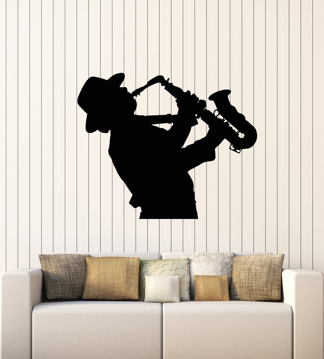 Vinyl Wall Decal Jazz Music Bar Playing Saxophonist Musician Instrument Stickers Mural (g6143)