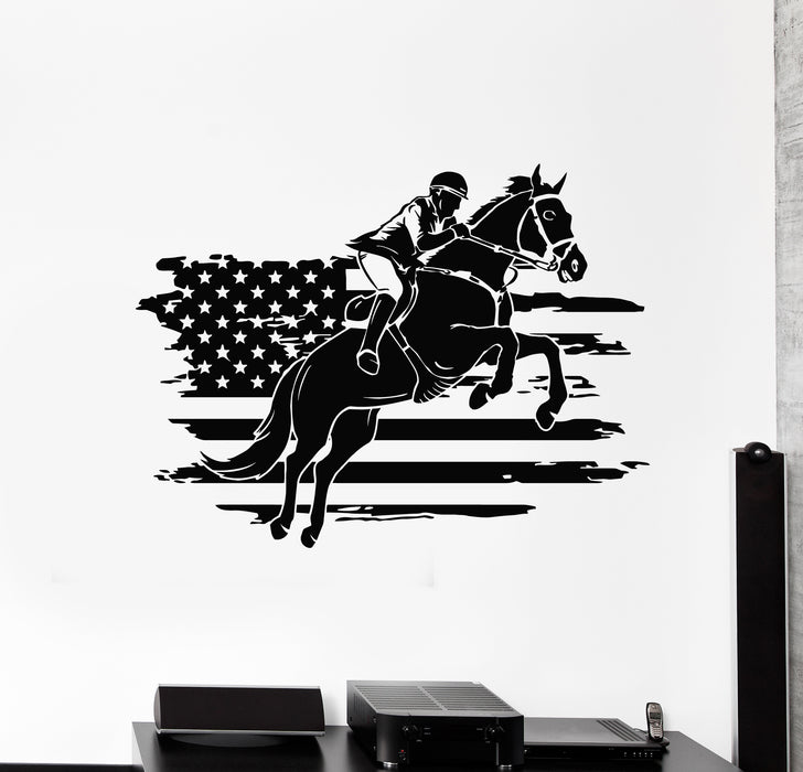Vinyl Wall Decal Jockey Horse Race Jump American Flag Stickers Mural (g2463)