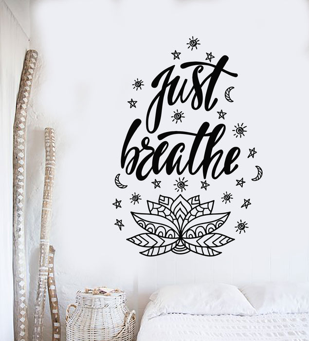 Vinyl Wall Decal Yoga Decor Phrase Just Breathe Lotus Flower Stickers Mural (g6894)