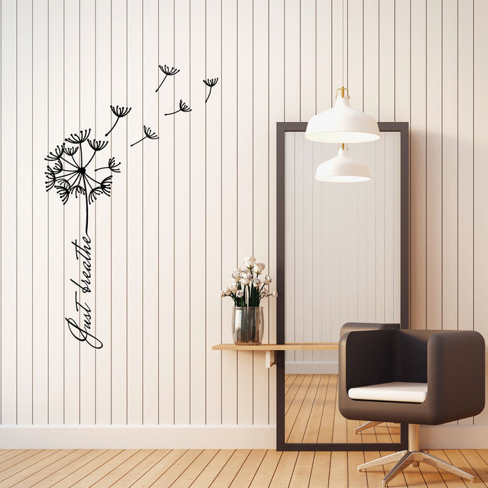 Vinyl Wall Decal Phrase Just Breathe Meditation Room Dandelion Stickers Mural (g8368)