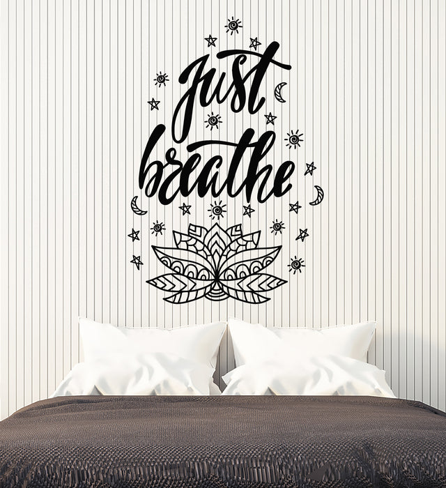 Vinyl Wall Decal Yoga Decor Phrase Just Breathe Lotus Flower Stickers Mural (g6894)