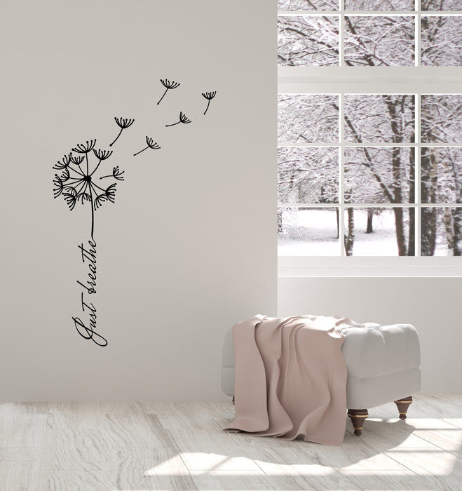 Vinyl Wall Decal Phrase Just Breathe Meditation Room Dandelion Stickers Mural (g8368)