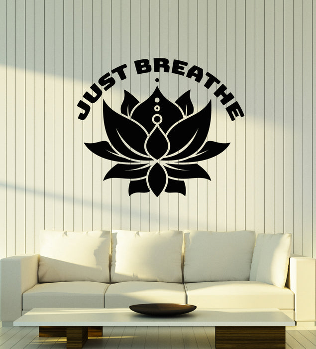 Vinyl Wall Decal Yoga Studio Meditation Room Lotus Just Breathe Stickers Mural (g5470)