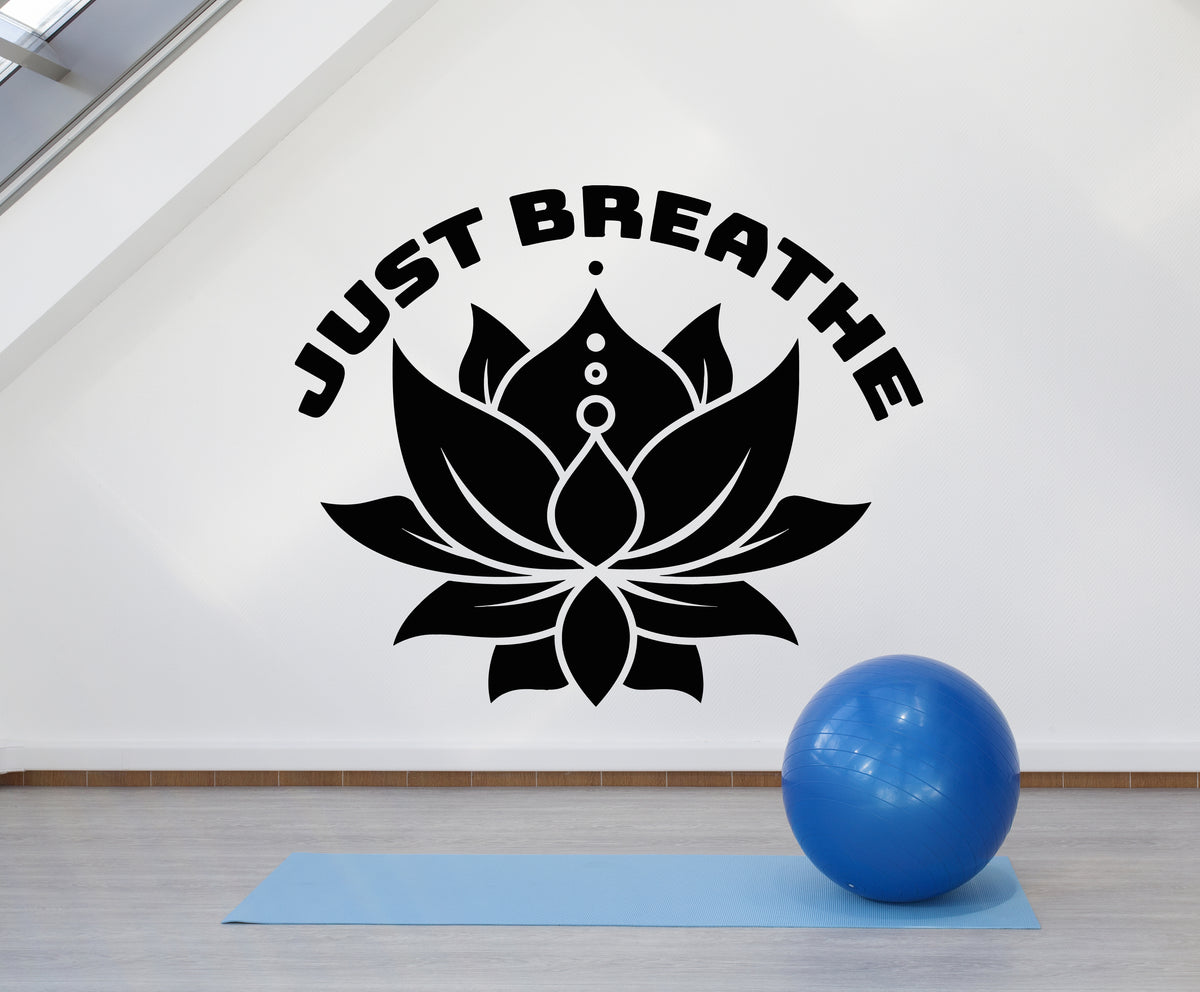 Vinyl Wall Decal Yoga Studio Meditation Room Lotus Just Breathe Sticke ...