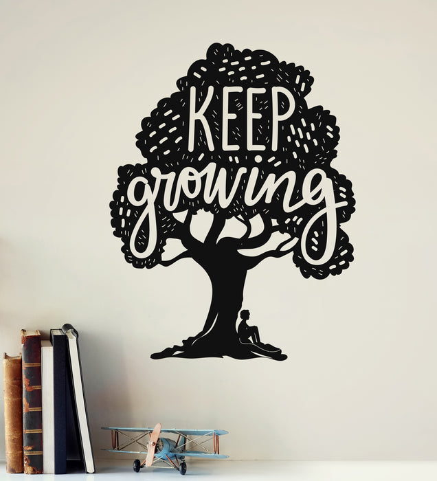 Keep Growing Vinyl Wall Decal Boy under the Tree Lettering Motivation Stickers Mural (k067)
