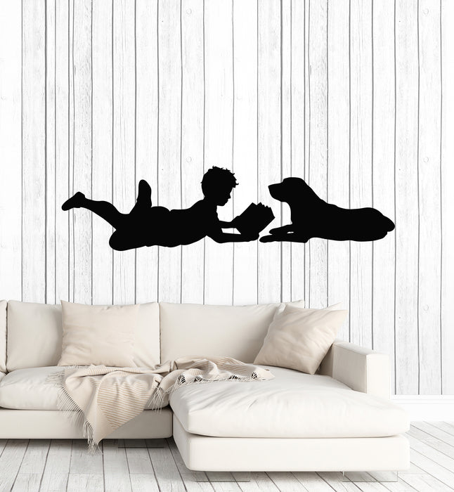 Vinyl Wall Decal Boy Reading Book Dog  Kids Room Home Interior Stickers Mural (g1938)