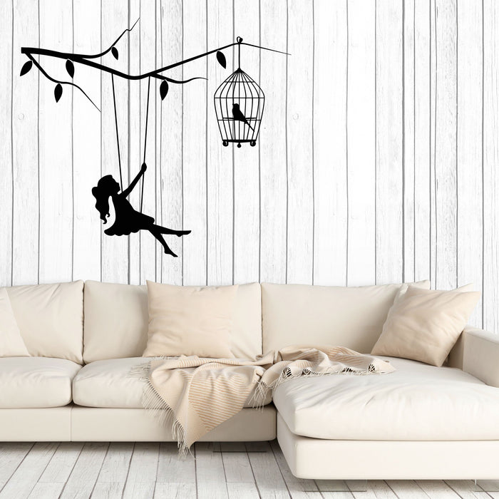 Vinyl Wall Decal Girl Swing On Branch Birdcage Kids Room Stickers Mural (g8162)