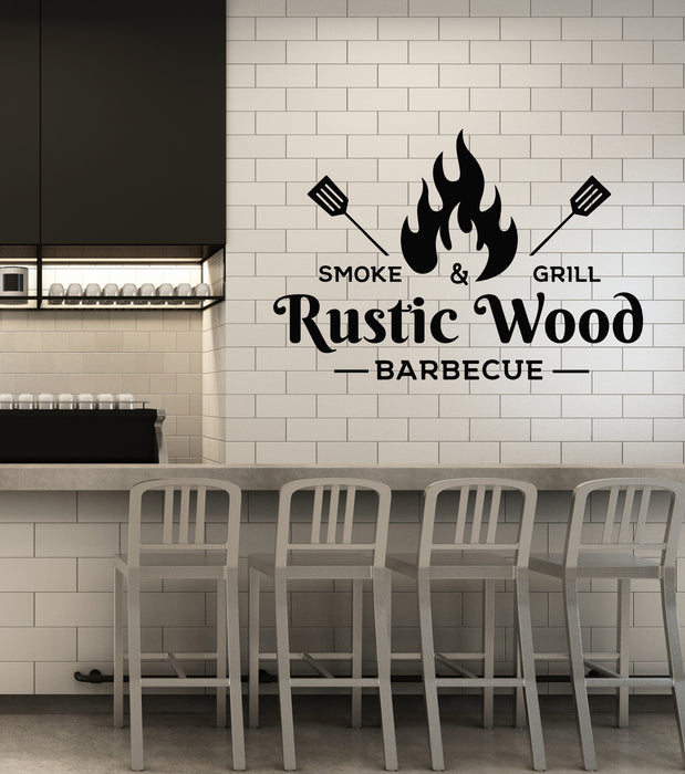 Vinyl Wall Decal BBQ Smoke Grill Rustic Wood Barbecue Decor Stickers Mural (g6212)