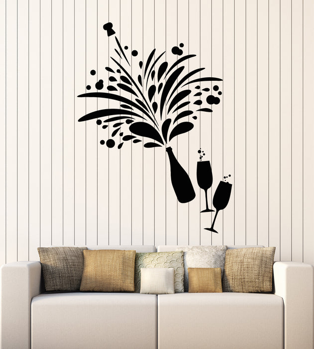 Vinyl Wall Decal Kitchen Champagne Bottle Glasses Cheers Stickers Mural (g6383)