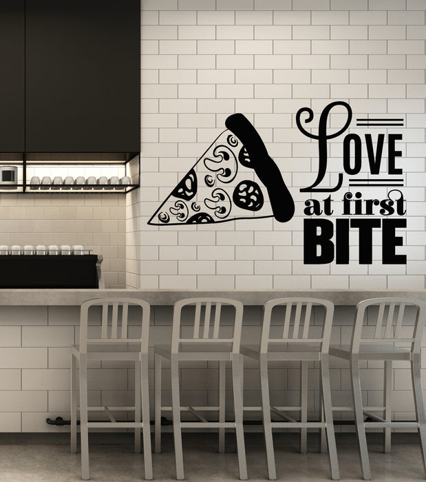 Vinyl Wall Decal Kitchen Phrase Love At First Bite Pizza Slice Stickers Mural (g5870)