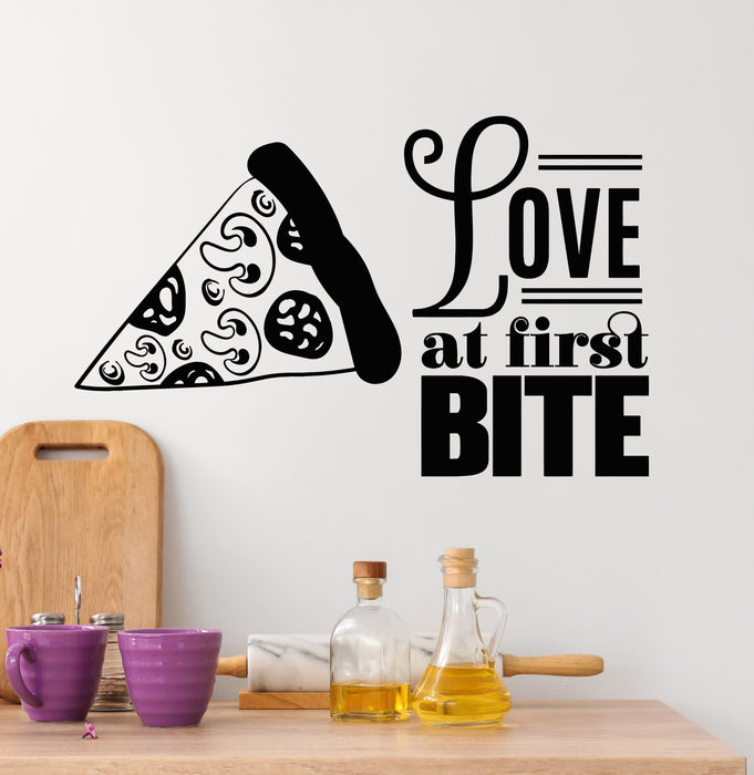 Vinyl Wall Decal Kitchen Phrase Love At First Bite Pizza Slice Stickers Mural (g5870)