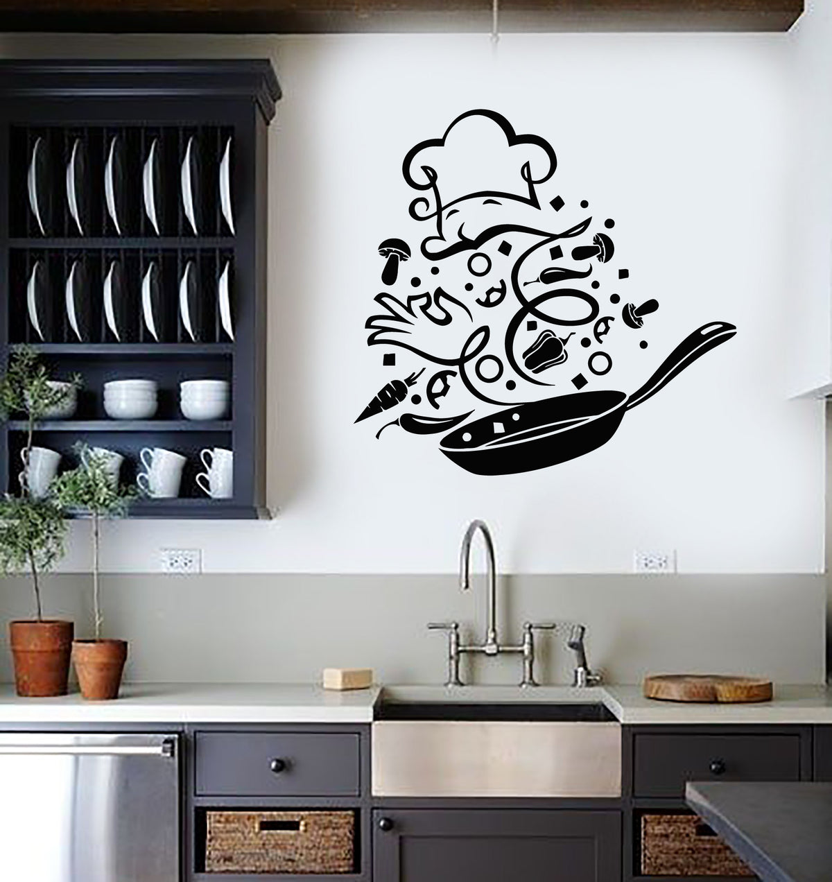 Vinyl Wall Decal Chef Restaurant Food Vegetables Frying Pan Stickers M ...