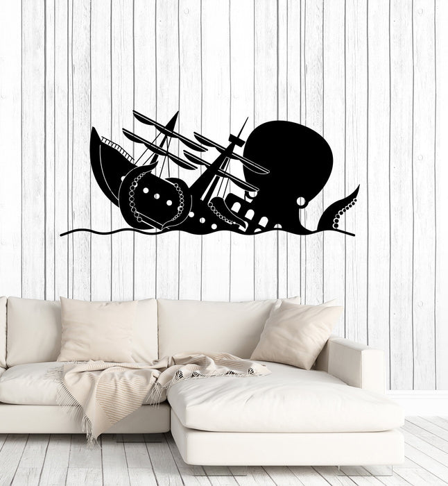 Funny Kraken Vinyl Wall Decal Octopus Ship Wave Nautical Art Stickers Mural (ig5296)