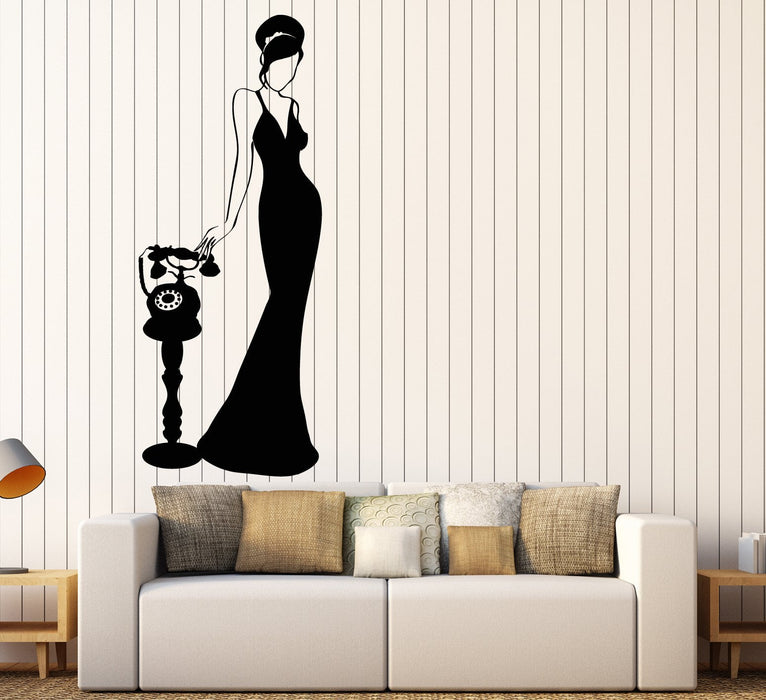 Vinyl Wall Decal Retro Lady In Dress Woman With Vintage Antique Phone Stickers (2997ig)