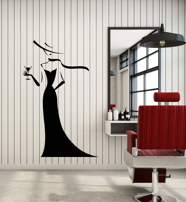Vinyl Wall Decal Lady Woman Gown Silhouette In Hat With Glass Of Wine Stickers Mural (g7992)