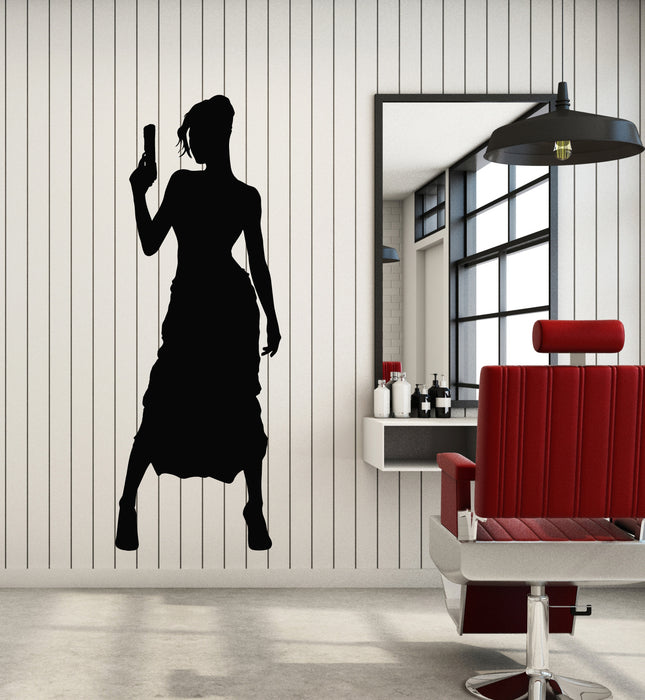 Vinyl Wall Decal Spy Agent Lady Silhouette With Gun Pistol Weapon Stickers Mural (g7511)