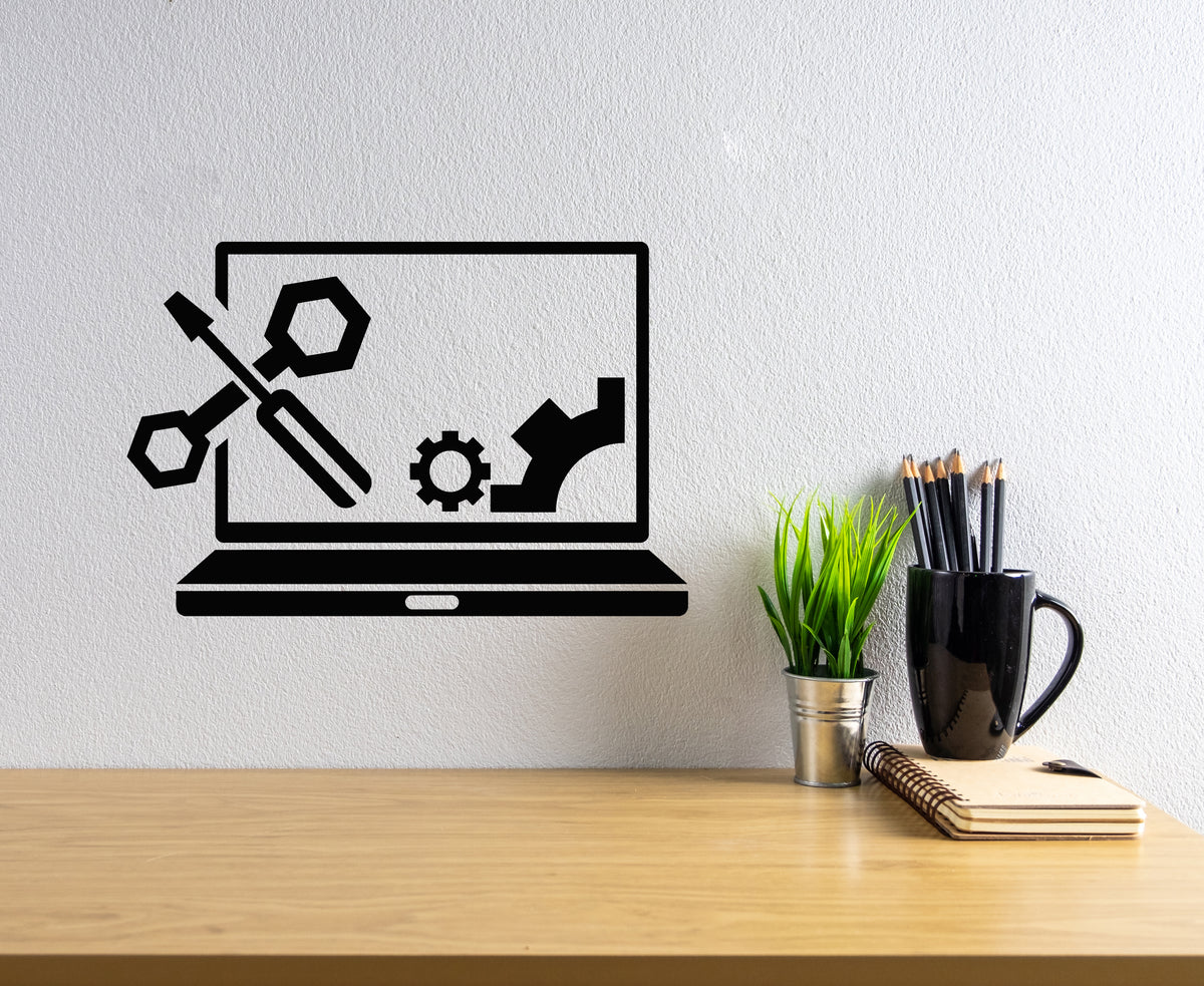 Computer Repair Stickers Vinyl Wall Decal IT Computer Laptop PC Service Repair Logo Gears Stick ...