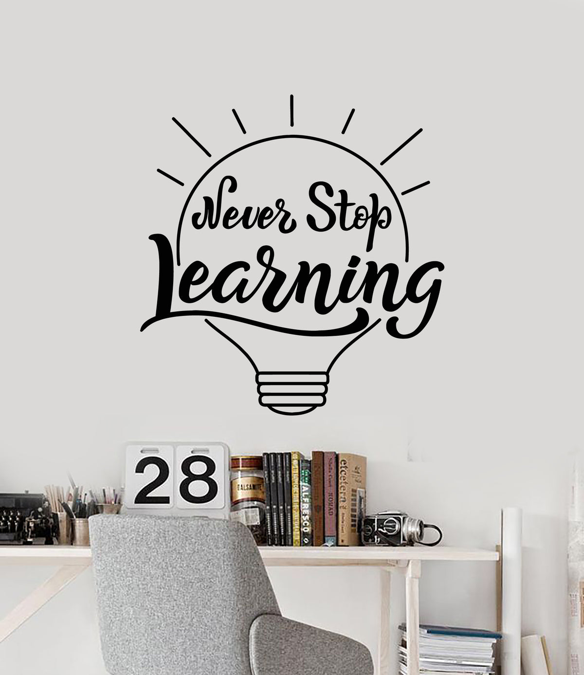 Vinyl Wall Decal Never Stop Learning Quote Lamp Idea Classroom School ...