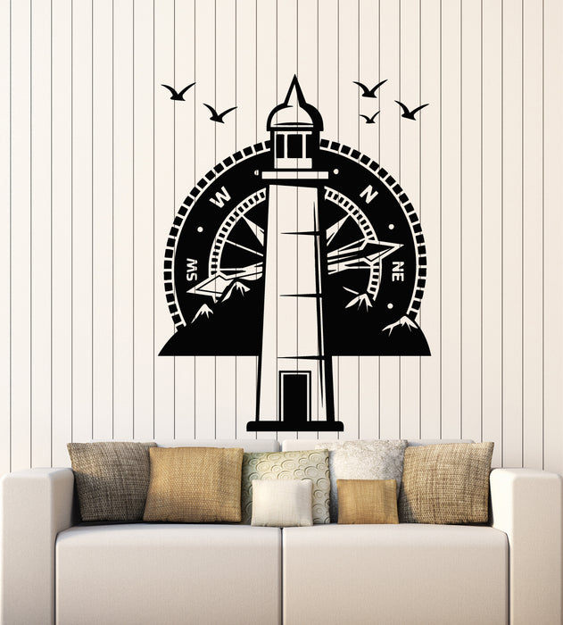 Vinyl Wall Decal Lighthouse Compass Nautical Beach Style Mountains Birds Stickers Mural (g2719)