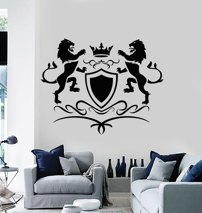 Vinyl Wall Decal Two Lions Shield Crown Emblem Protection Stickers Mural (g3146)