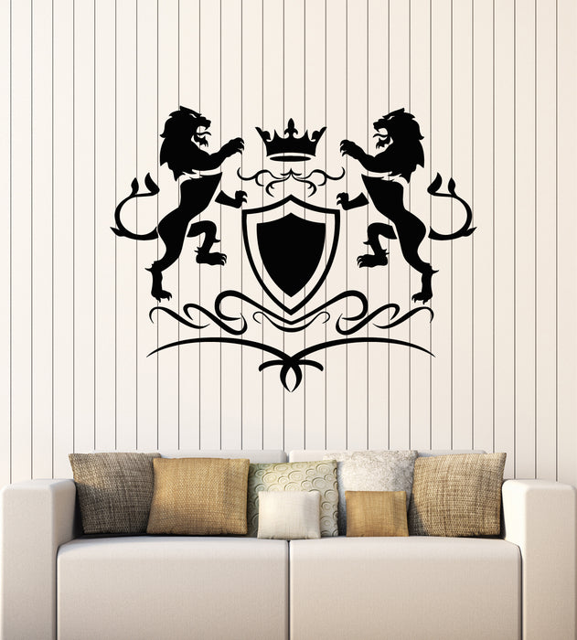 Vinyl Wall Decal Two Lions Shield Crown Emblem Protection Stickers Mural (g3146)