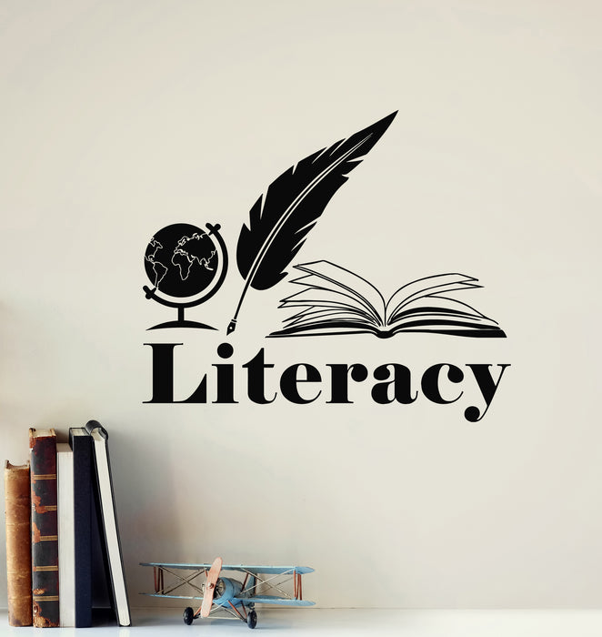 Vinyl Wall Decal Literacy Open Book Pen Globe Knowledge School Stickers Mural (g7867)