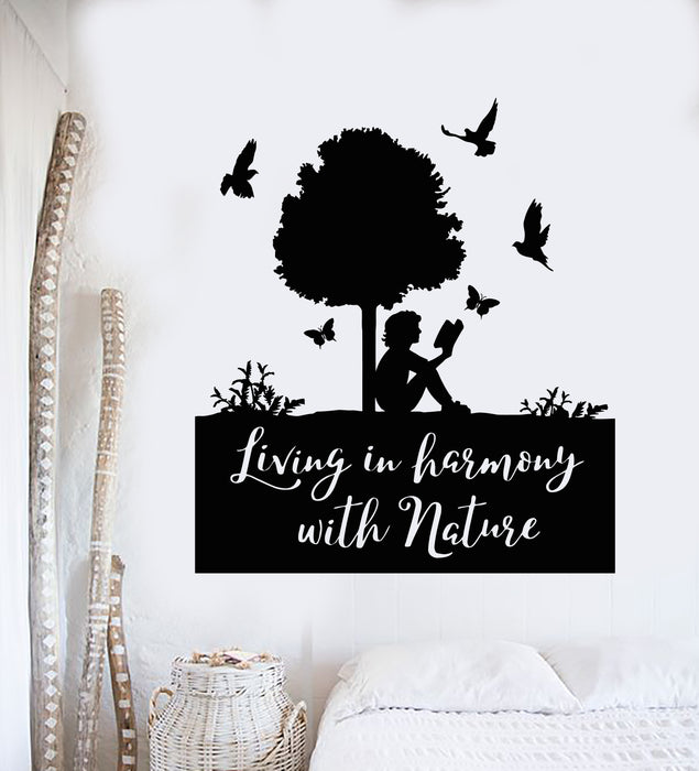Vinyl Wall Decal Home Library Decor Living Is Harmony With Nature Birds Stickers Mural (g3119)
